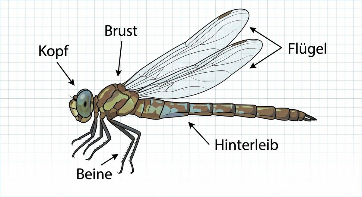 Anatomie einer Libelle mit Kopf, Brust und Hinterleib