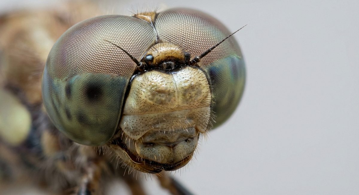 Makroaufnahme eines Libellenkopfes mit Facettenaugen